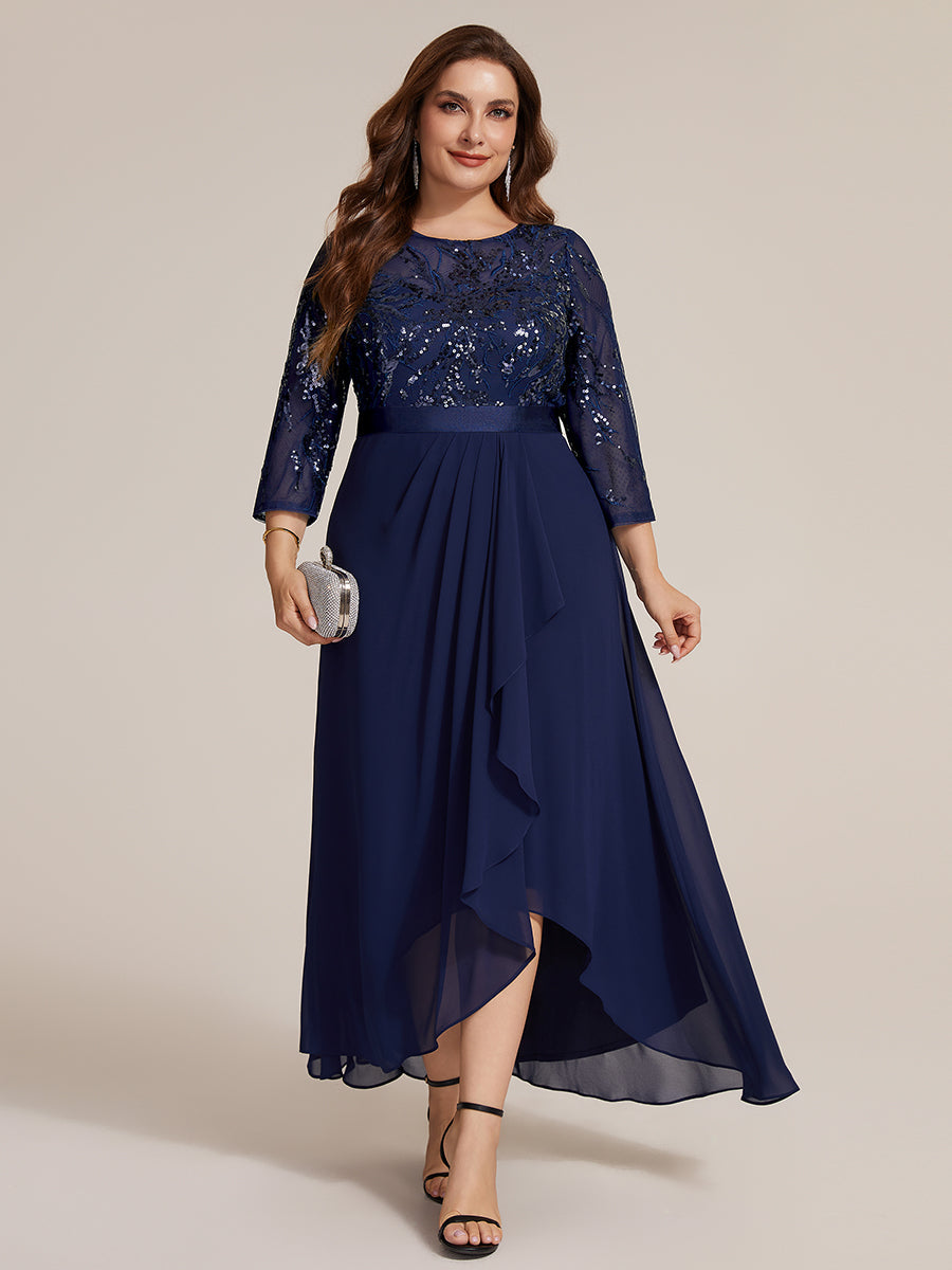 Sequins Long Sleeve Asymmetrical Hem Evening Dress