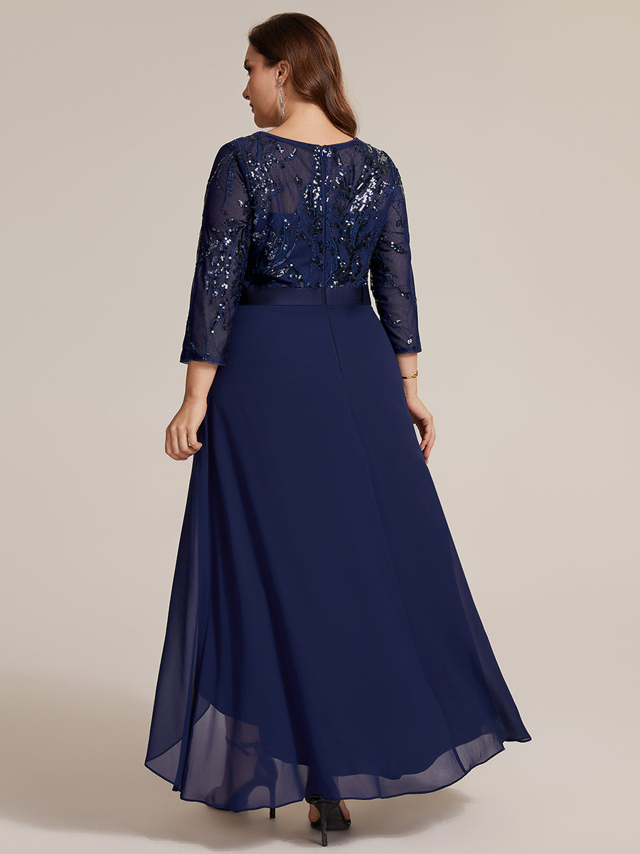 Sequins Long Sleeve Asymmetrical Hem Evening Dress