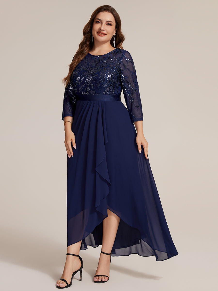 Sequins Long Sleeve Asymmetrical Hem Evening Dress