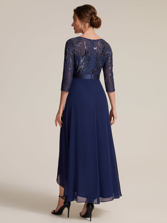 Sequins Long Sleeve Asymmetrical Hem Evening Dress