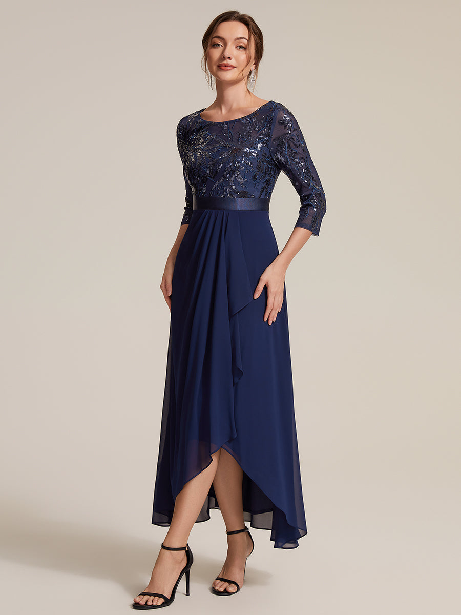 Sequins Long Sleeve Asymmetrical Hem Evening Dress