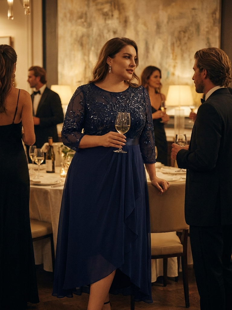 Plus Size See-through Sequins Evening Dress