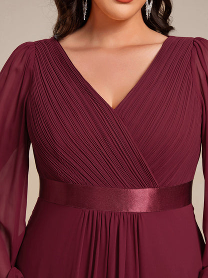 Pleated Chiffon Lantern Sleeve Evening Dress