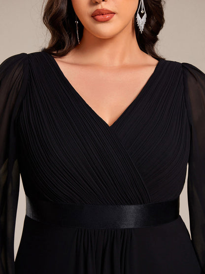 Pleated Chiffon Lantern Sleeve Evening Dress