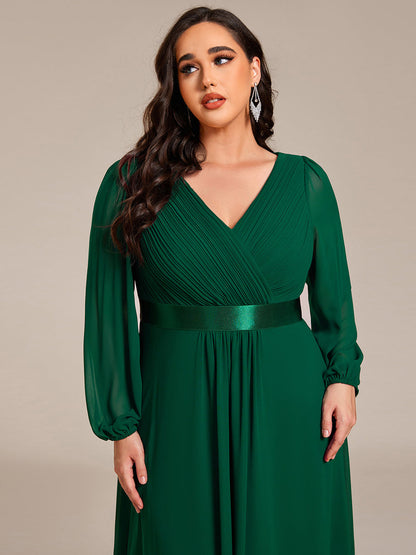 Pleated Chiffon Lantern Sleeve Evening Dress