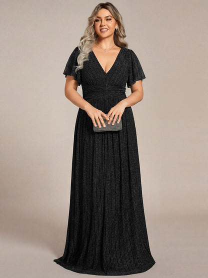 pretty DAPHNE|Plus Size V-Neck Glittery Short Sleeves Formal Evening Dress with Empire Waist