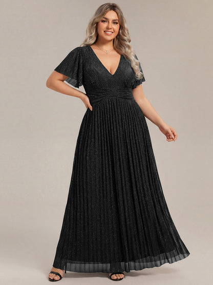 pretty DAPHNE|Plus Size V-Neck Glittery Short Sleeves Formal Evening Dress with Empire Waist