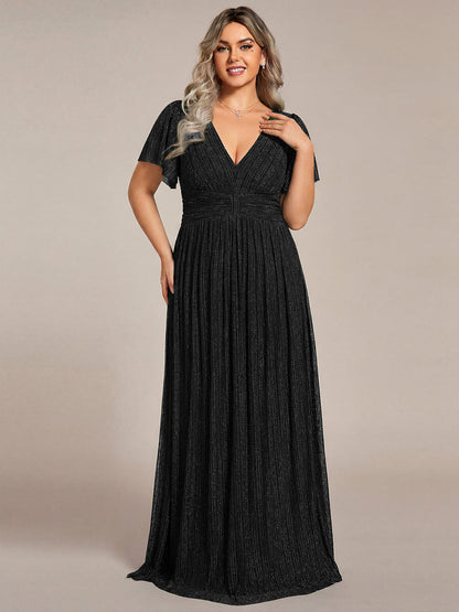 pretty DAPHNE|Plus Size V-Neck Glittery Short Sleeves Formal Evening Dress with Empire Waist