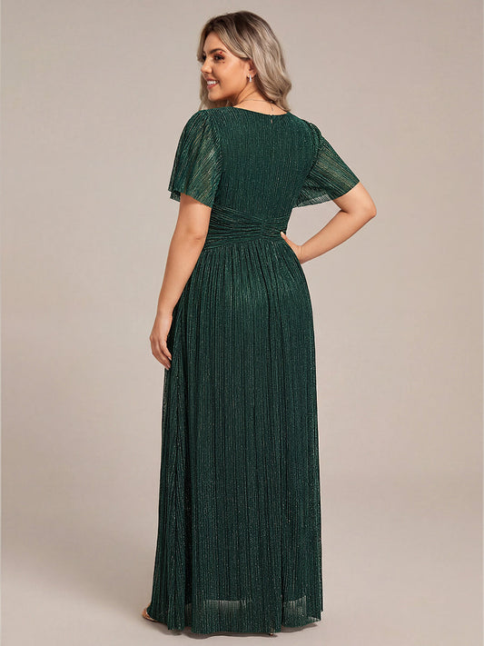 pretty DAPHNE|Plus Size V-Neck Glittery Short Sleeves Formal Evening Dress with Empire Waist
