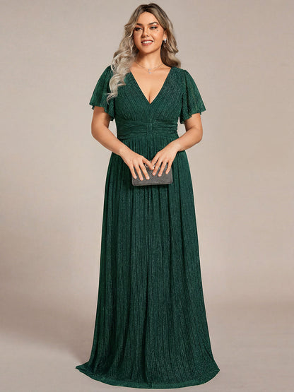 pretty DAPHNE|Plus Size V-Neck Glittery Short Sleeves Formal Evening Dress with Empire Waist