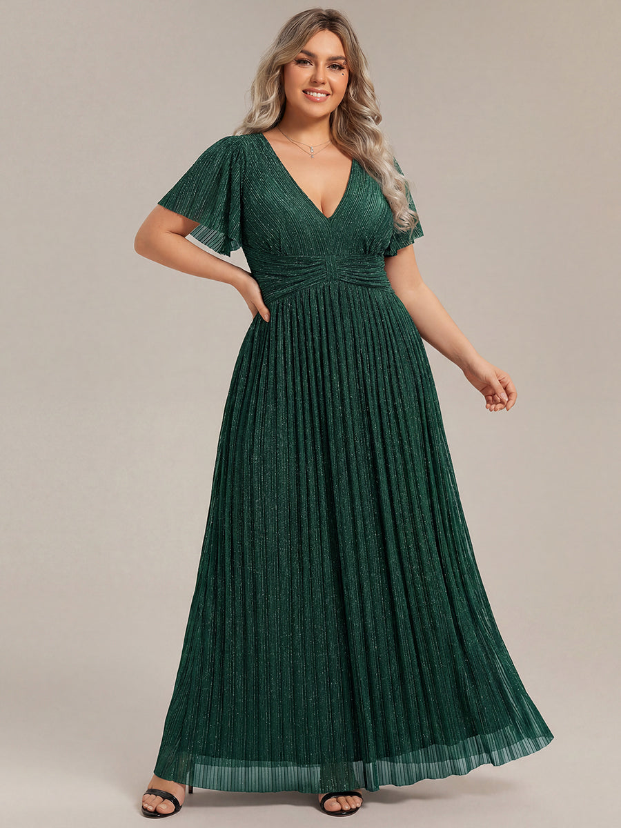 pretty DAPHNE|Plus Size V-Neck Glittery Short Sleeves Formal Evening Dress with Empire Waist