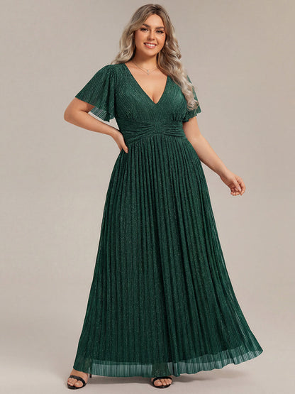 pretty DAPHNE|Plus Size V-Neck Glittery Short Sleeves Formal Evening Dress with Empire Waist