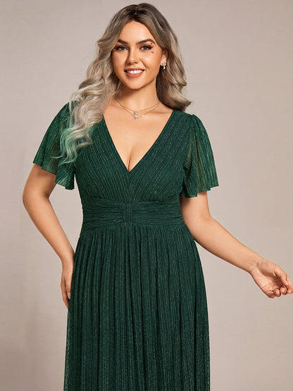 pretty DAPHNE|Plus Size V-Neck Glittery Short Sleeves Formal Evening Dress with Empire Waist