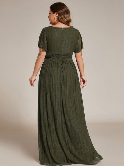 pretty DAPHNE|Plus Size V-Neck Glittery Short Sleeves Formal Evening Dress with Empire Waist