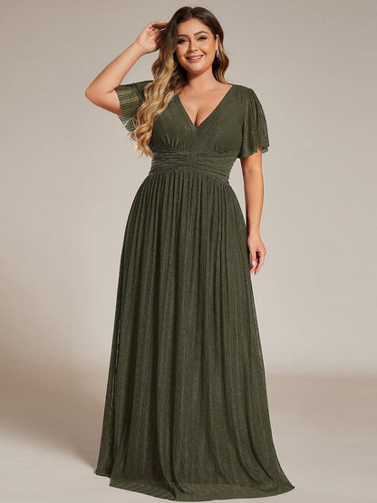 pretty DAPHNE|Plus Size V-Neck Glittery Short Sleeves Formal Evening Dress with Empire Waist