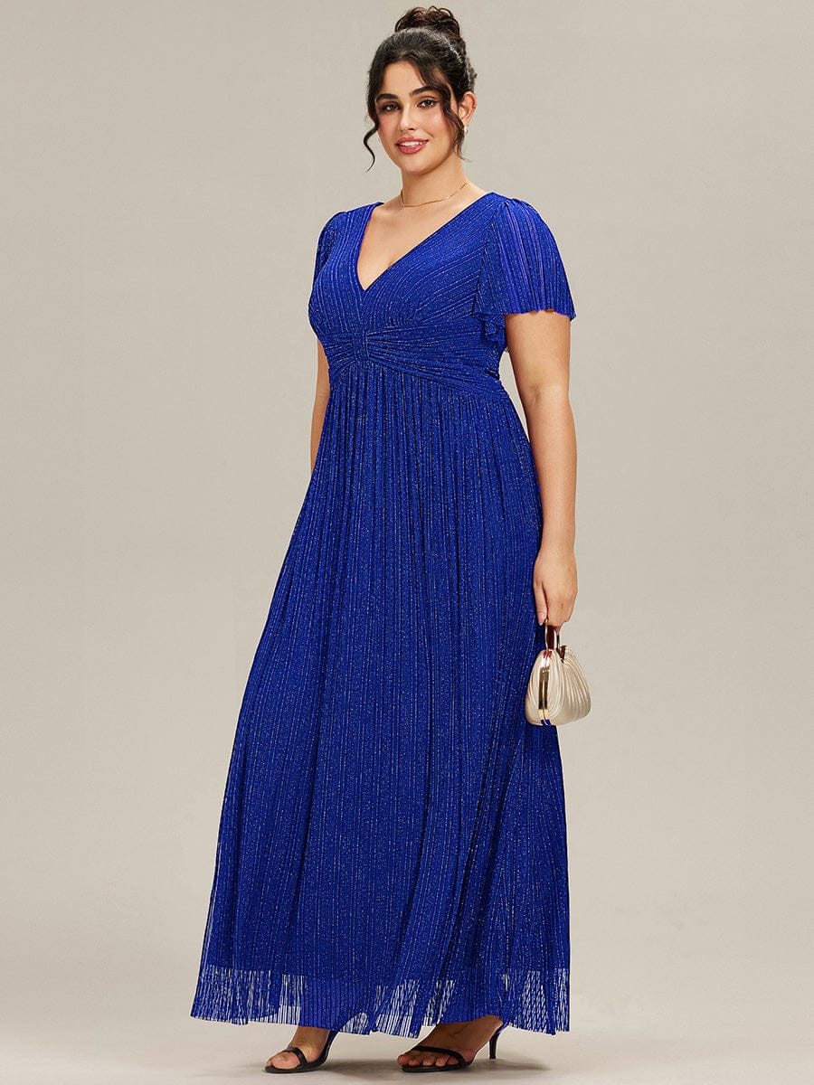 pretty DAPHNE|Plus Size V-Neck Glittery Short Sleeves Formal Evening Dress with Empire Waist