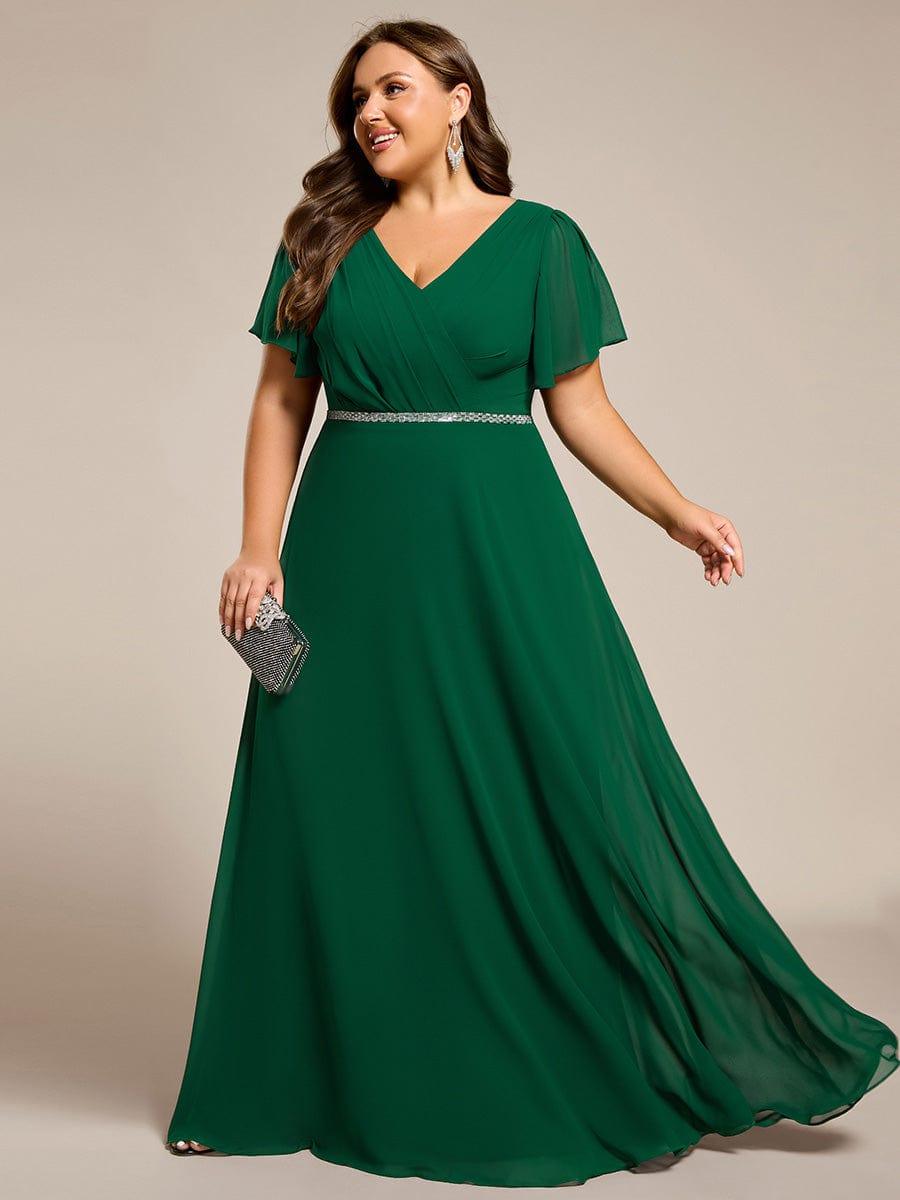 ever LAYLAH|Pleated A-Line Chiffon Formal Evening Dress with Short Sleeves and Sequin Waist