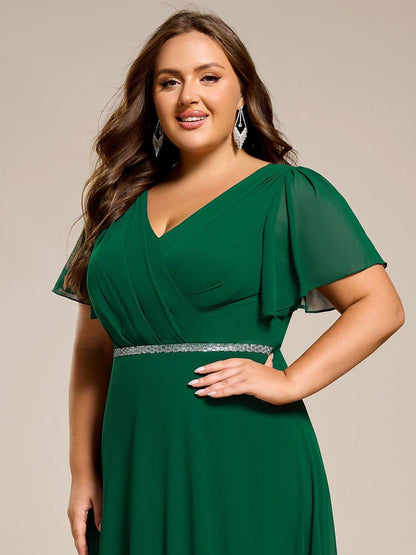 ever LAYLAH|Pleated A-Line Chiffon Formal Evening Dress with Short Sleeves and Sequin Waist