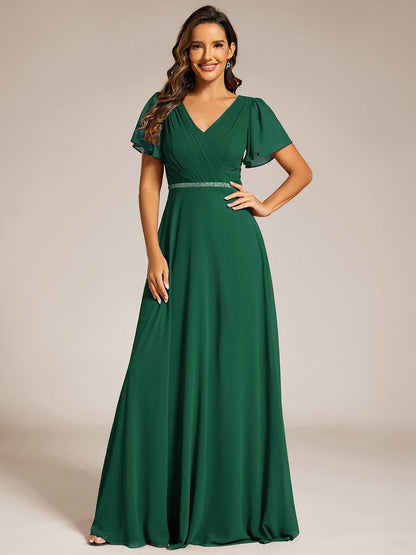 ever LAYLAH|Pleated A-Line Chiffon Formal Evening Dress with Short Sleeves and Sequin Waist