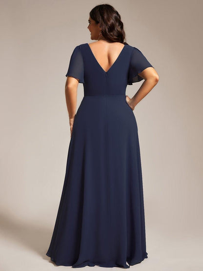 ever LAYLAH|Pleated A-Line Chiffon Formal Evening Dress with Short Sleeves and Sequin Waist