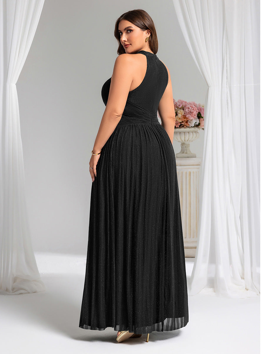 Plus Size Glittery Halter Neck Pleated Formal Evening Dress