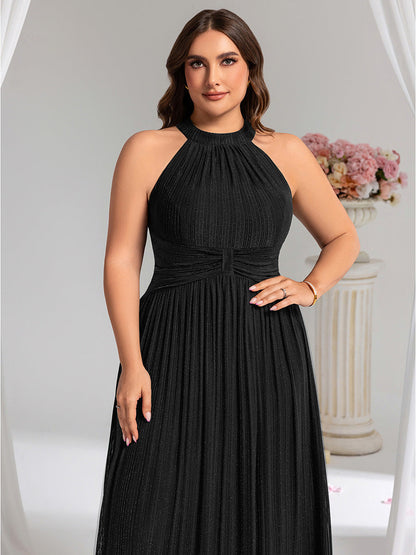 Plus Size Glittery Halter Neck Pleated Formal Evening Dress