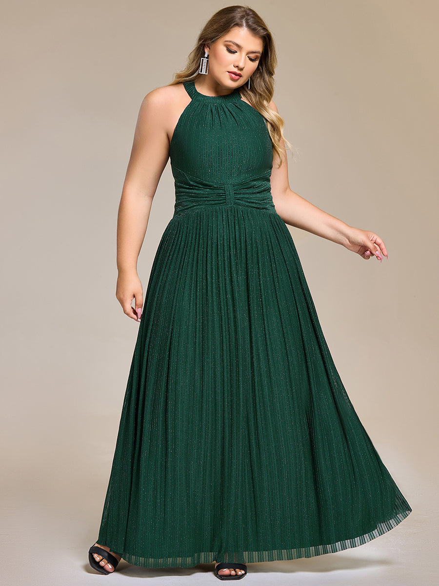 Plus Size Glittery Halter Neck Pleated Formal Evening Dress
