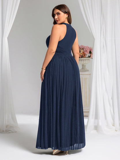 Plus Size Glittery Halter Neck Pleated Formal Evening Dress
