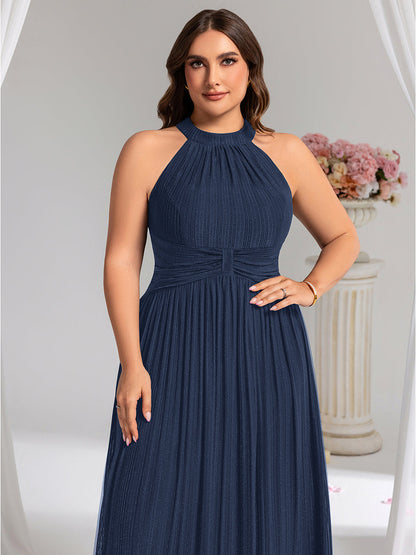 Plus Size Glittery Halter Neck Pleated Formal Evening Dress