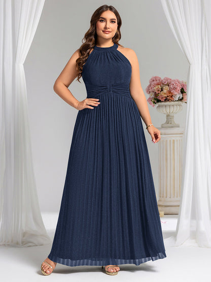 Plus Size Glittery Halter Neck Pleated Formal Evening Dress