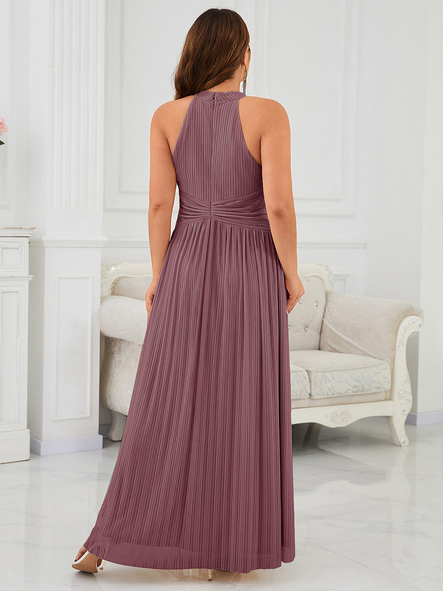 Plus Size Glittery Halter Neck Pleated Formal Evening Dress