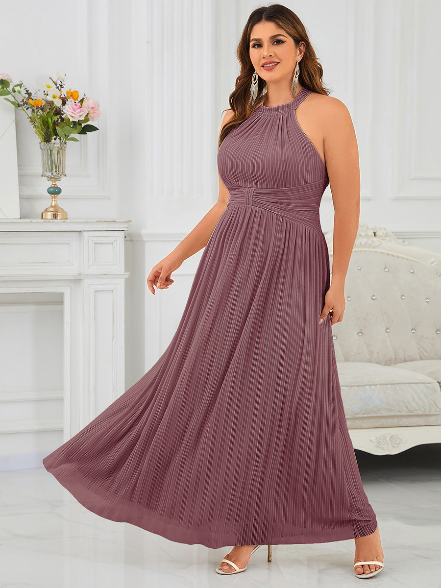Plus Size Glittery Halter Neck Pleated Formal Evening Dress