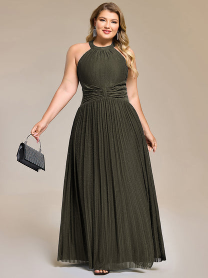 Plus Size Glittery Halter Neck Pleated Formal Evening Dress