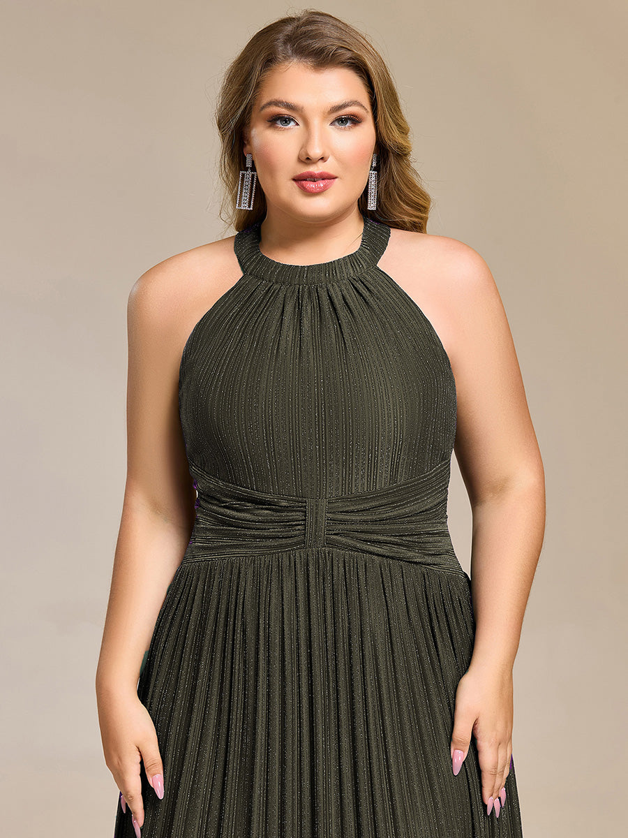 Plus Size Glittery Halter Neck Pleated Formal Evening Dress
