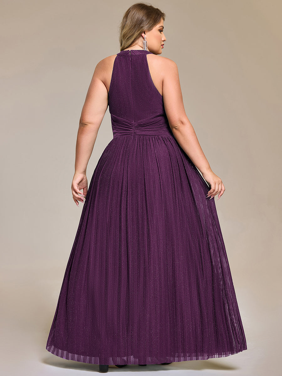 Plus Size Glittery Halter Neck Pleated Formal Evening Dress