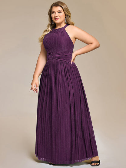 Plus Size Glittery Halter Neck Pleated Formal Evening Dress