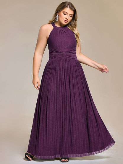 Plus Size Glittery Halter Neck Pleated Formal Evening Dress