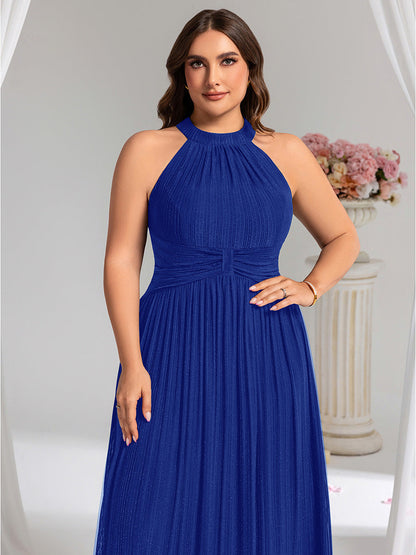 Plus Size Glittery Halter Neck Pleated Formal Evening Dress