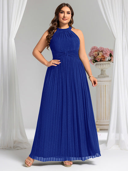 Plus Size Glittery Halter Neck Pleated Formal Evening Dress