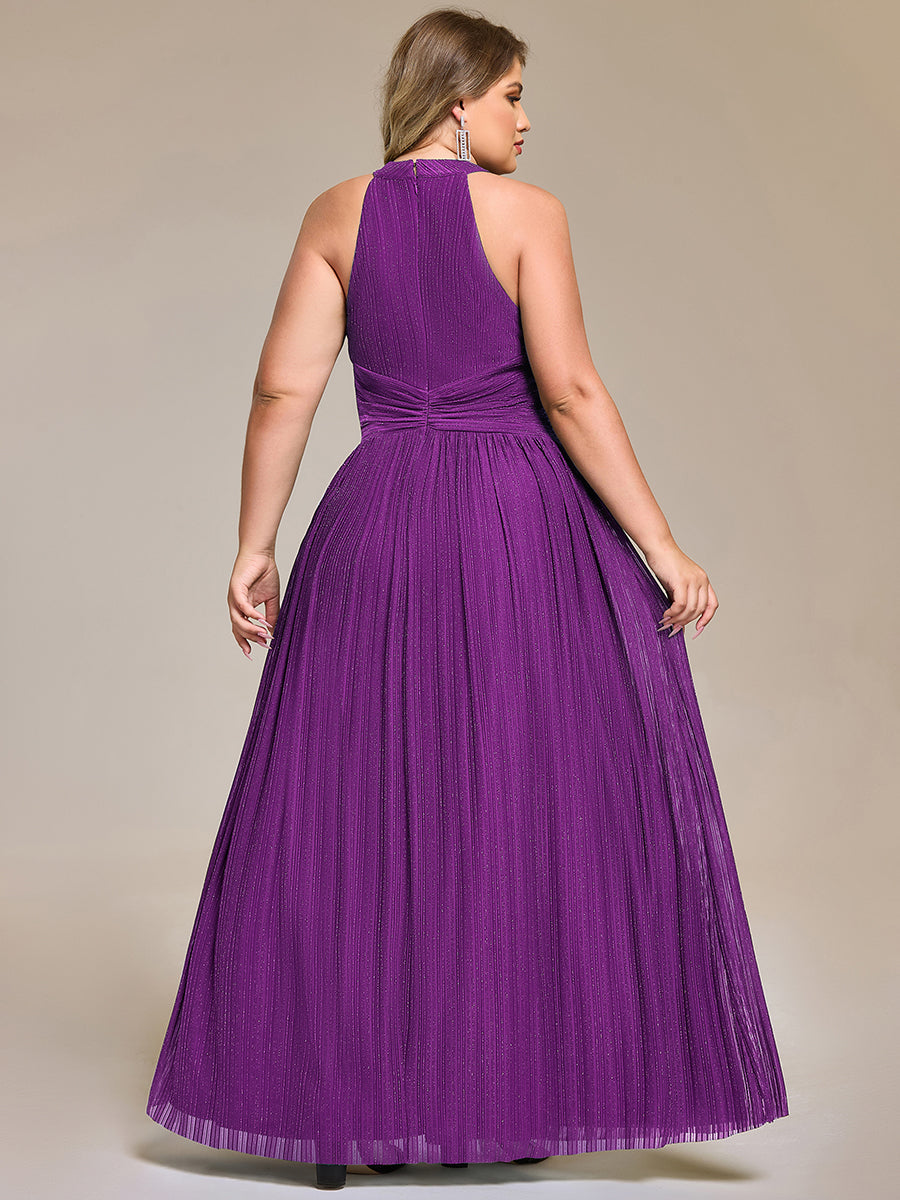 Plus Size Glittery Halter Neck Pleated Formal Evening Dress