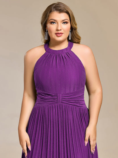 Plus Size Glittery Halter Neck Pleated Formal Evening Dress