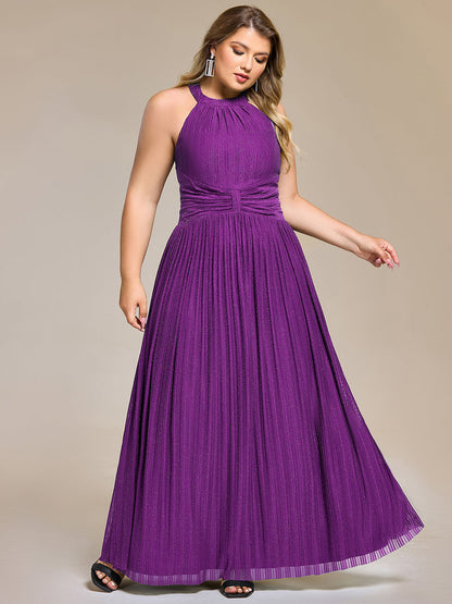 Plus Size Glittery Halter Neck Pleated Formal Evening Dress