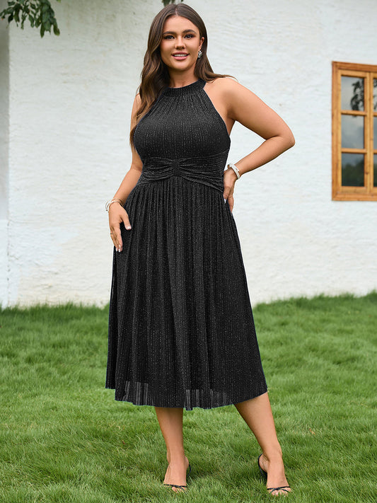 pretty VAYLA|Plus-Size Glittery Halter Neck Dress