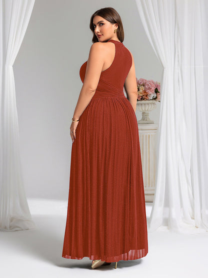 Plus Size Glittery Halter Neck Pleated Formal Evening Dress