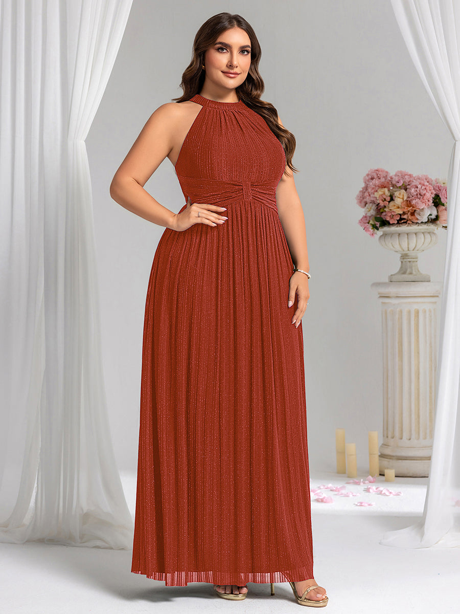 Plus Size Glittery Halter Neck Pleated Formal Evening Dress