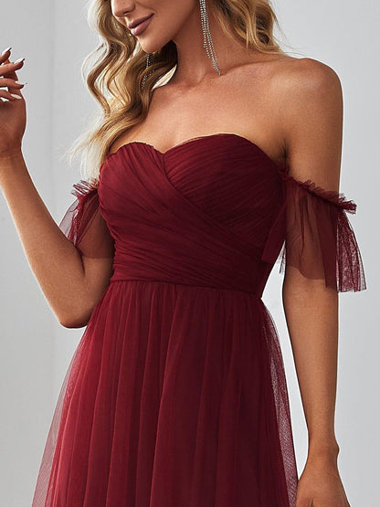 ever LUCIE|Off-Shoulder Sweetheart Double Layer Pleated Evening Dress