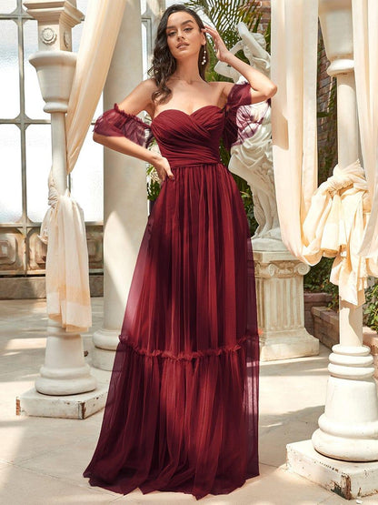 ever LUCIE|Off-Shoulder Sweetheart Double Layer Pleated Evening Dress