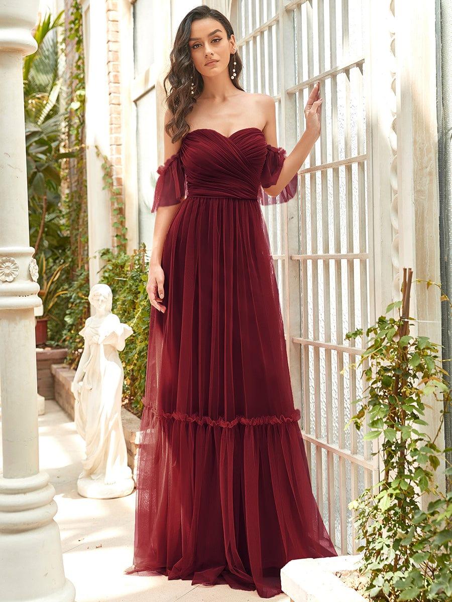 ever LUCIE|Off-Shoulder Sweetheart Double Layer Pleated Bridesmaid Dress