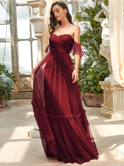 ever LUCIE|Off-Shoulder Sweetheart Double Layer Pleated Bridesmaid Dress