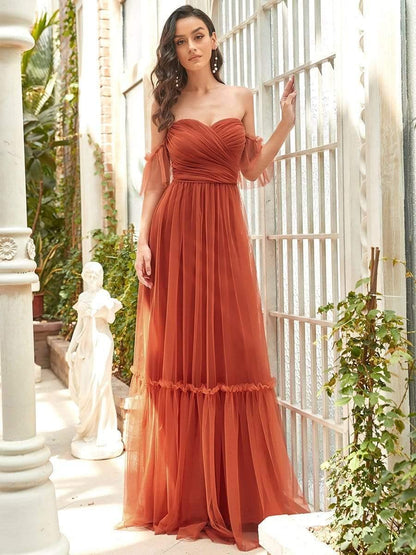 ever LUCIE|Off-Shoulder Sweetheart Double Layer Pleated Bridesmaid Dress